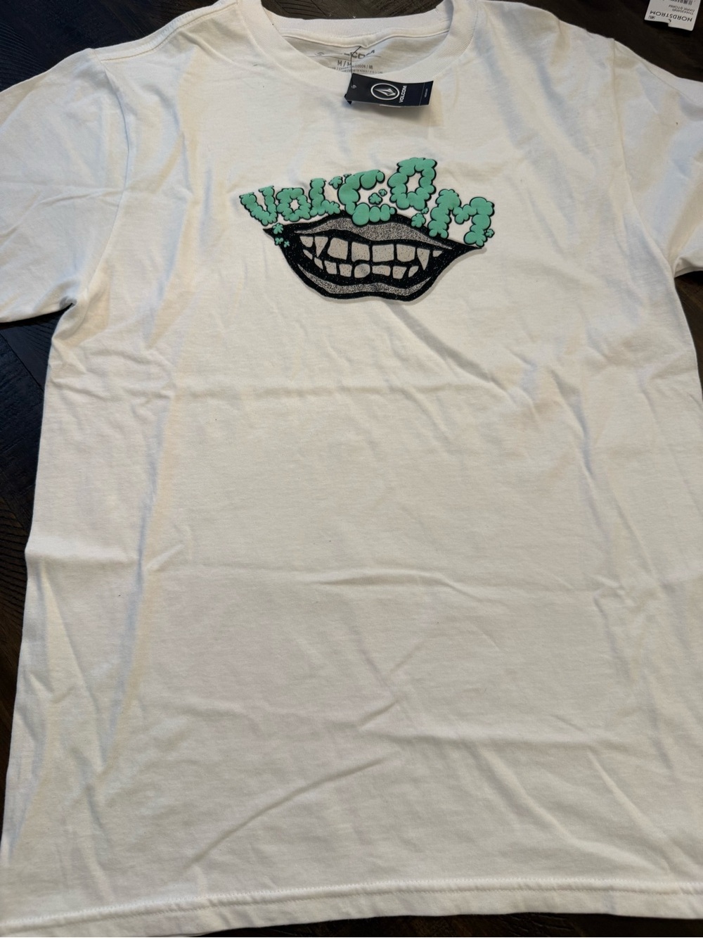 Volcom White Short-Sleeve Graphic Tee with Mint and Black Logo